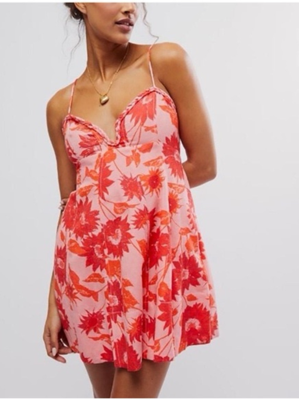 NWT Free People Altura Floral Babydoll Mini Dress Strawberry Lemonade Pink/Red